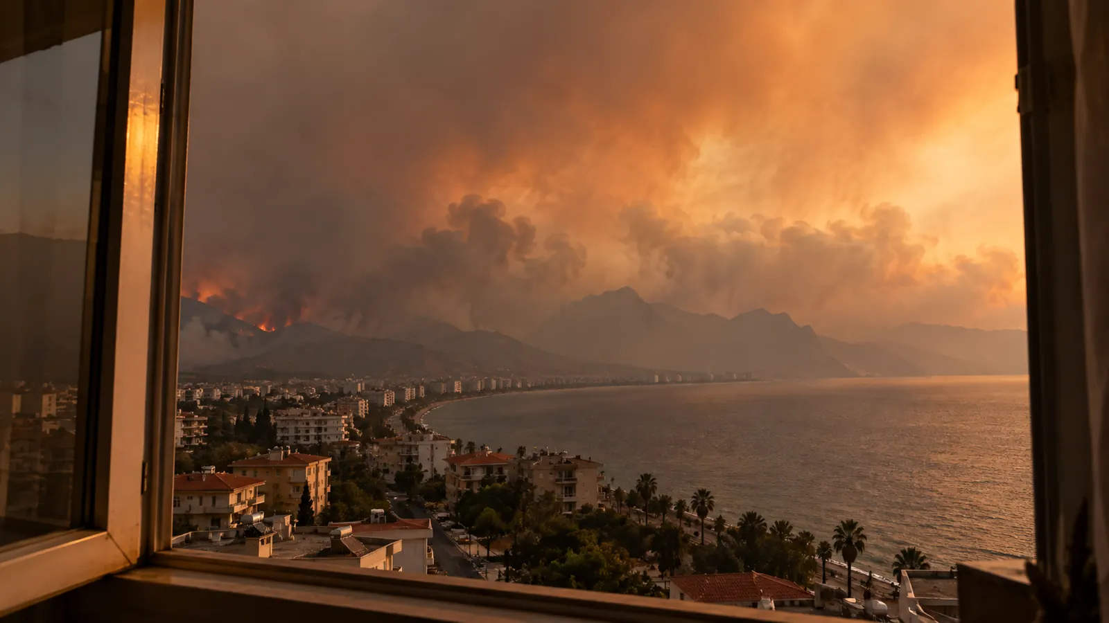 Antalya kıyısında orman yangını dumanı