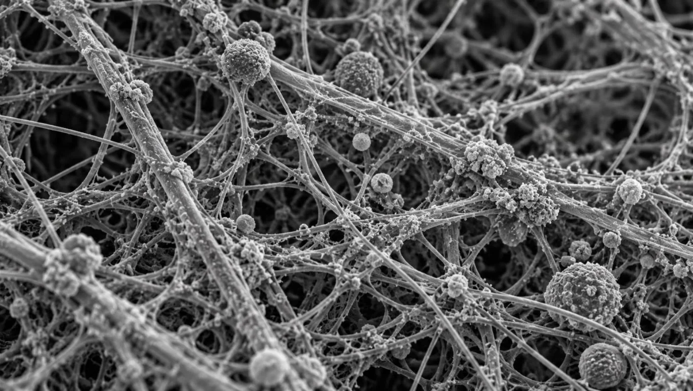 Nanolif ağına yapışmış toz parçacıkları, elektron mikroskobu tarzında